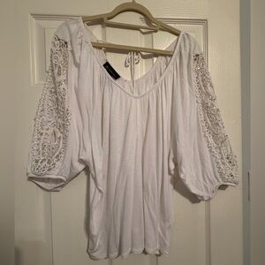 INC - White Women's Crochet Sleeve Peasant Top